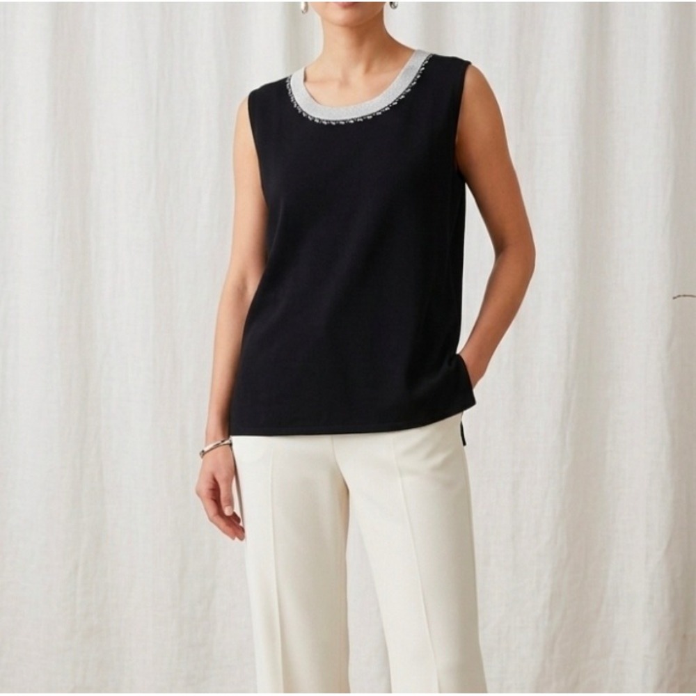 Ming Wang Knit Top Size 1X Black Silver Metallic Trim Sleeveless Scoop Neck Tank